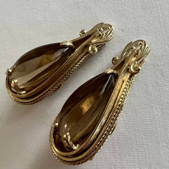 Vintage Gold Tone Whiting & Davis Brand Smokey Glass Teardrop Clip On Earrings - Picture 2 of 6